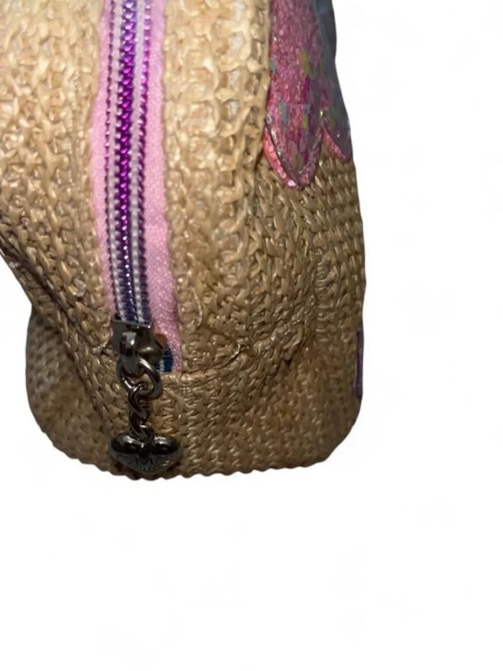 Pink Heart Sequin Cosmetic Case - Straw Texture
